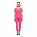 Wholesale women's pink v-neck scrub top and jogger pants set with pockets
