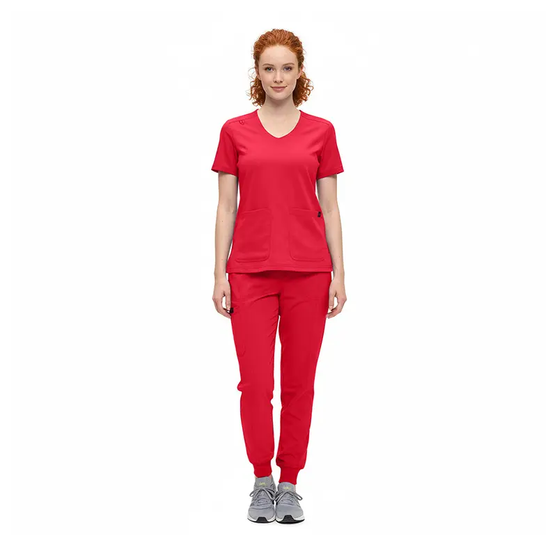 Wholesale women's red v-neck scrub top and jogger pants set with pockets