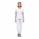 Wholesale women's white v-neck scrub top with short sleeves and front pockets paired with white scrub pants