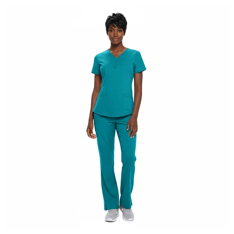 Wholesale women's teal scrub set with short-sleeve v-neck top and straight-leg pants