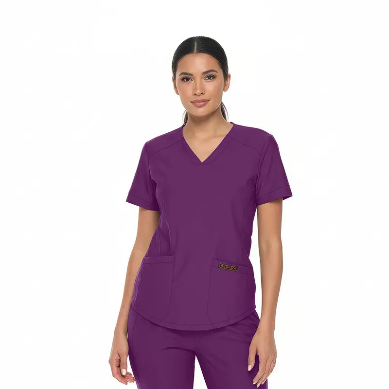 Wholesale women's purple scrub top with v-neckline, short sleeves, and side pockets