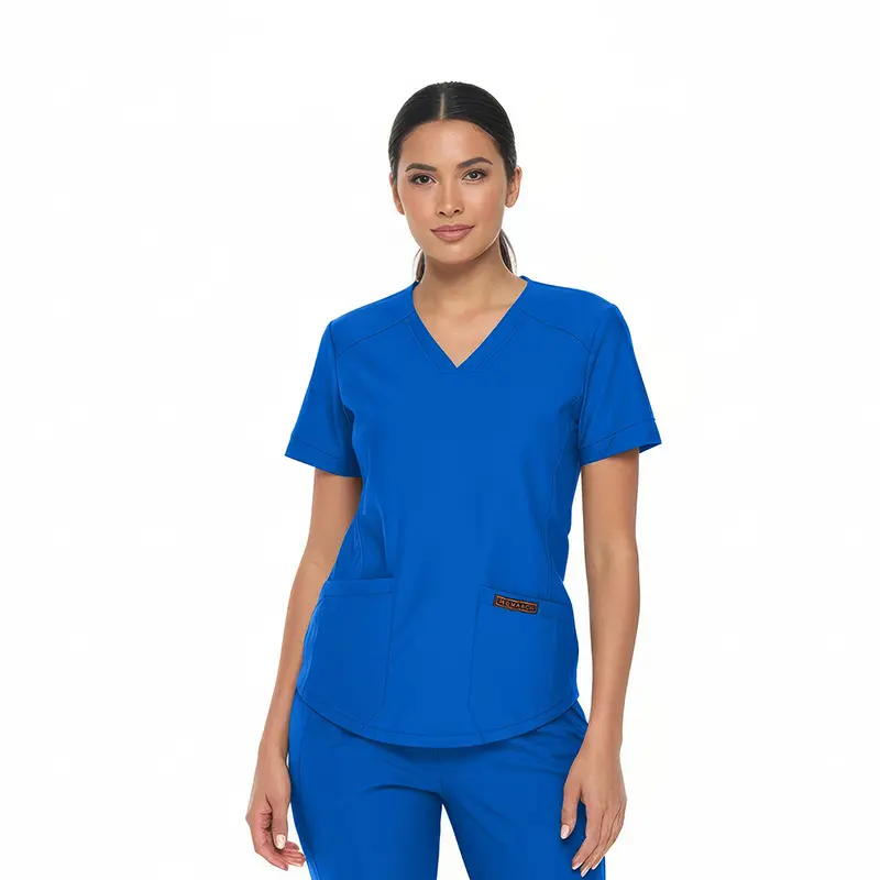 Wholesale women's blue v-neck scrub top with short sleeves and front pocket detail