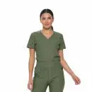 Wholesale women's olive green v-neck scrub top with short sleeves and elastic waistband pants