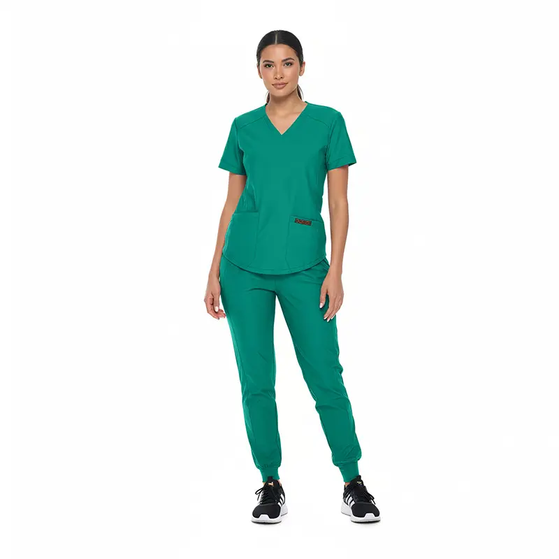 Wholesale women's teal v-neck scrub top and jogger pants set with side pocket