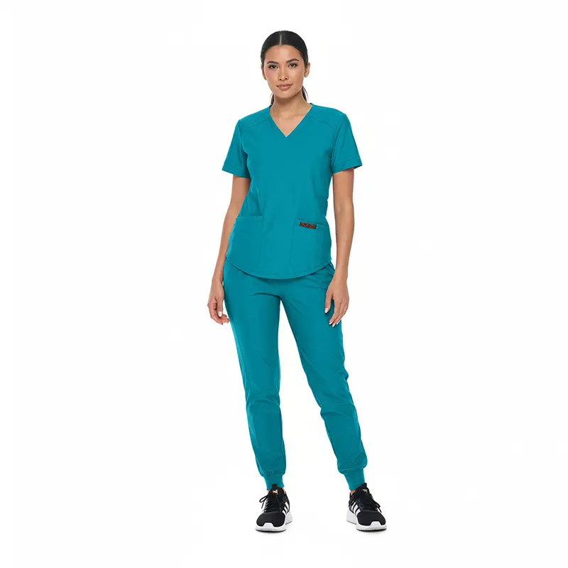 Wholesale women's teal v-neck scrub top and jogger pants set with front pocket detail
