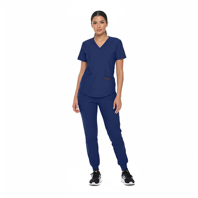 Wholesale women's navy blue v-neck scrub top and jogger pants set with short sleeves
