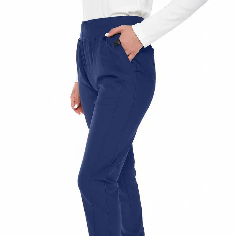 Wholesale women's navy blue elastic waist pants with pockets and ribbed waistband