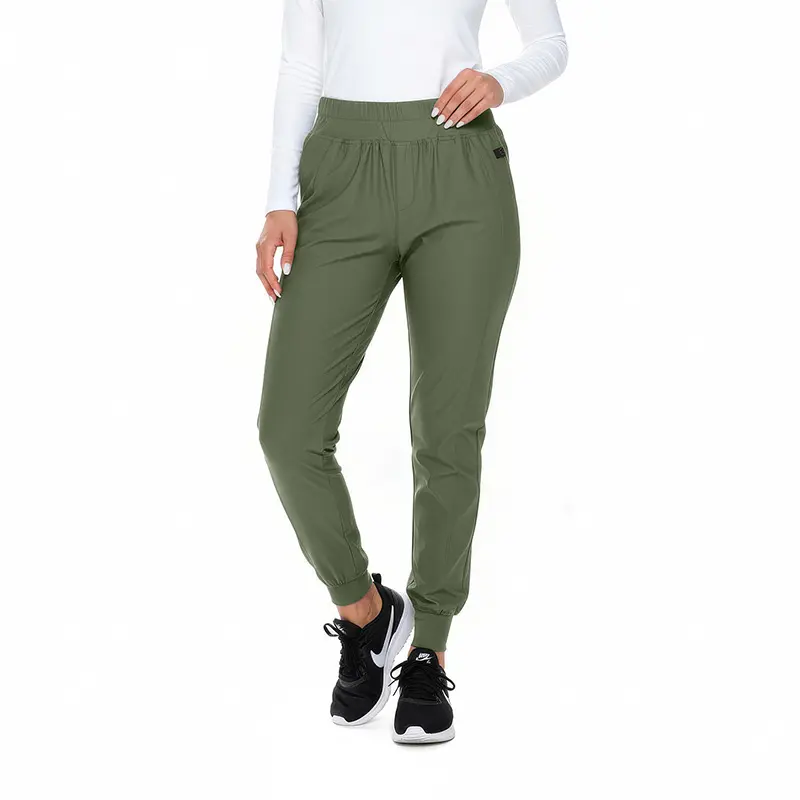 Wholesale women's olive green jogger pants with elastic waistband and cuffed ankles