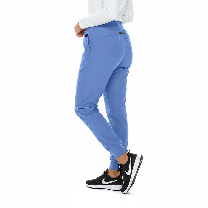 Wholesale women's blue jogger pants with elastic waistband and cuffed ankles