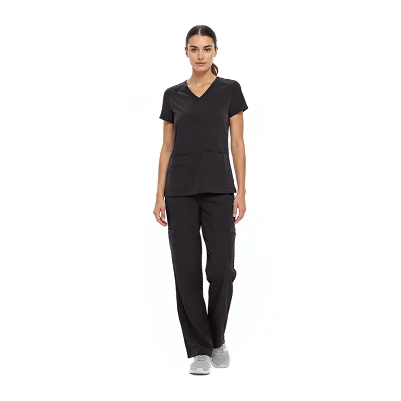 Wholesale women's black v-neck scrub top with short sleeves and matching black cargo scrub pants