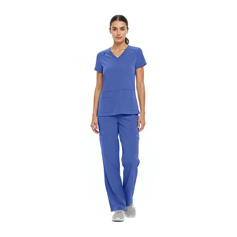 Wholesale women's blue scrubs set with v-neck top and cargo pants
