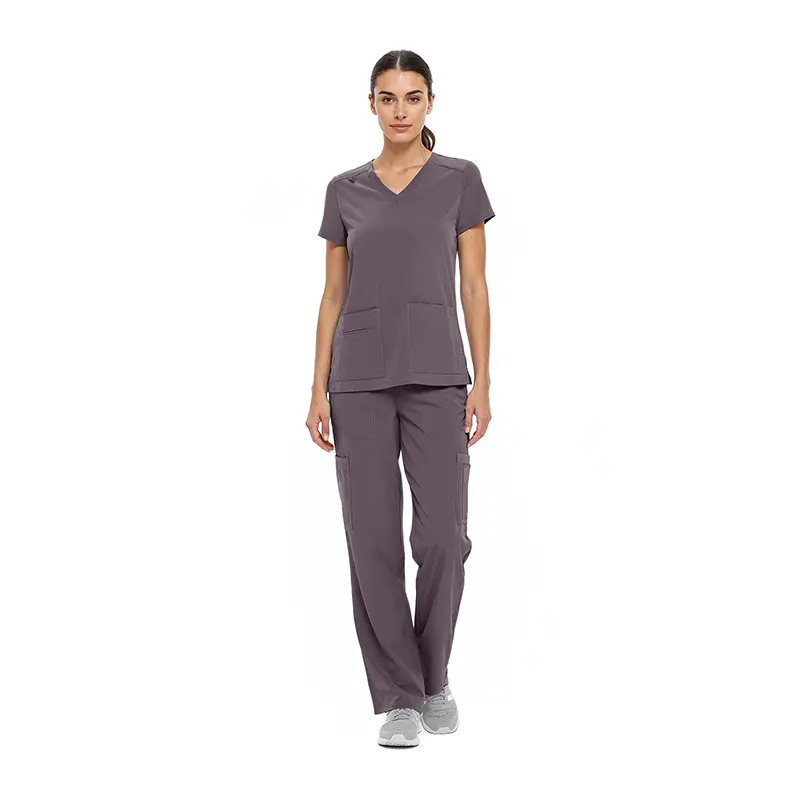 Wholesale women's charcoal v-neck scrub top with short sleeves and matching cargo pants