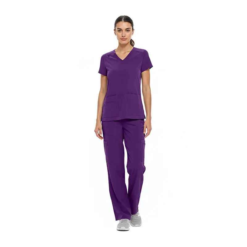 Wholesale women's purple v-neck scrub top and cargo pants set with short sleeves