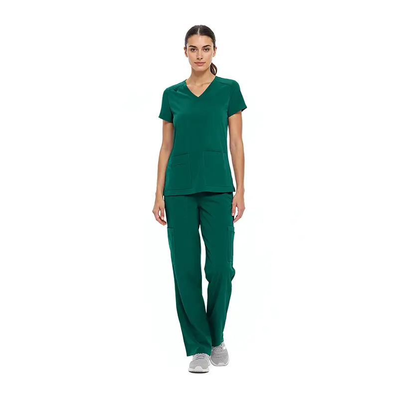 Wholesale women's green v-neck scrub top and cargo pants set with short sleeves