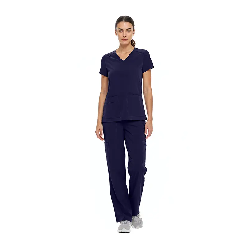 Wholesale women's navy v-neck scrub top with short sleeves and matching cargo pants with white sneakers