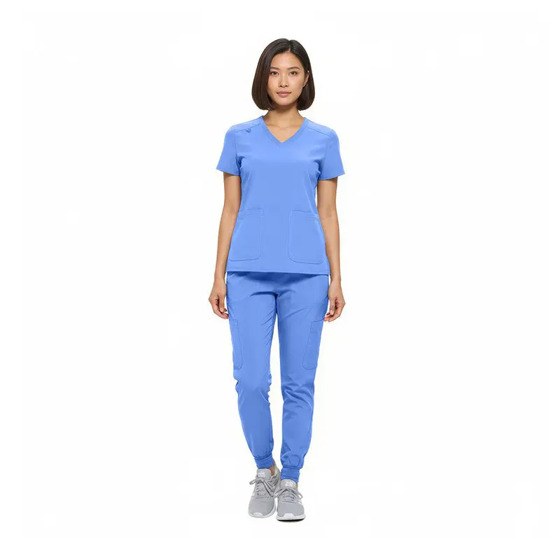 Wholesale women's blue v-neck scrub top and jogger pants set with cargo pockets