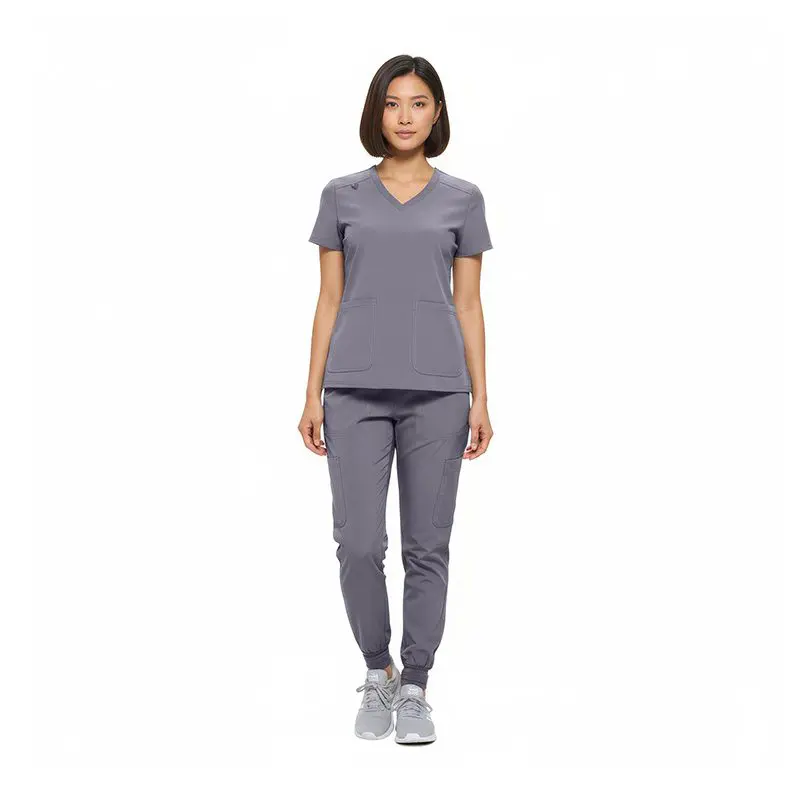 Wholesale women's gray v-neck scrub top and cargo pants set with short sleeves