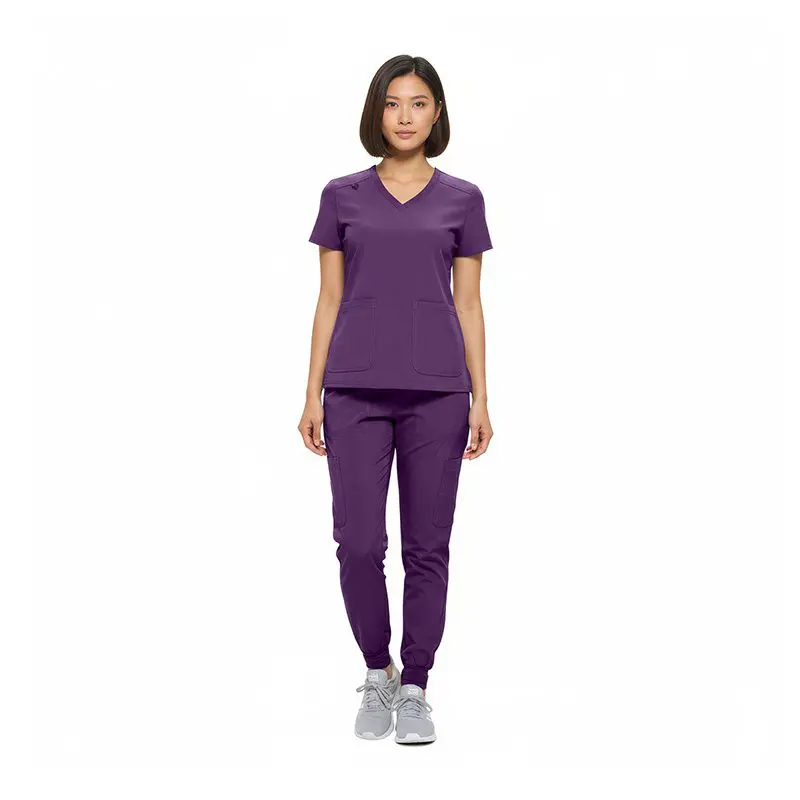 Wholesale women's purple v-neck scrub top and jogger pants set with pockets