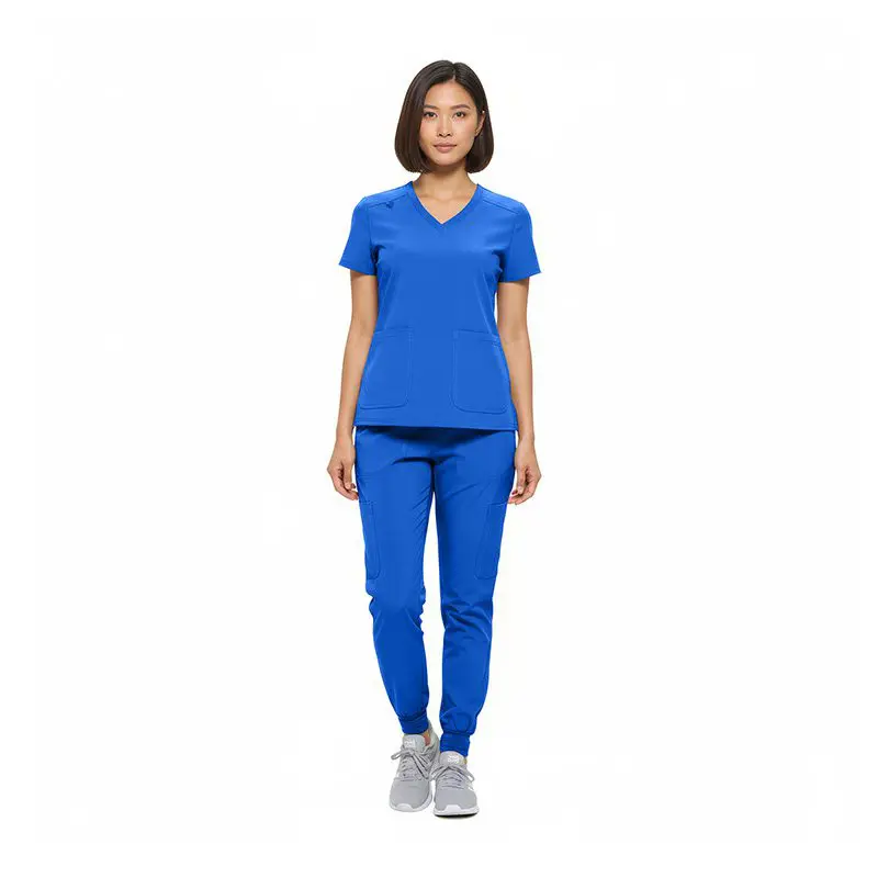 Wholesale women's blue v-neck scrub top and jogger pants set with pockets