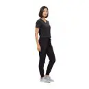 Wholesale women's black short-sleeve v-neck jumpsuit with jogger pants and gray sneakers