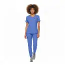 Wholesale women's blue v-neck scrub top and pants set with short sleeves