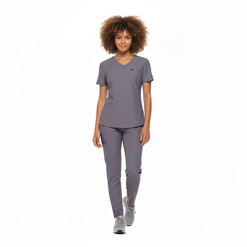 Wholesale women's gray v-neck scrub top with short sleeves and matching gray scrub pants
