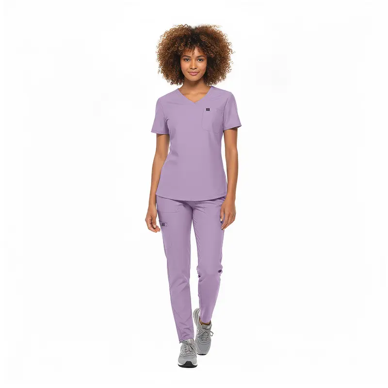 Wholesale women's purple v-neck scrub top and pants set with short sleeves