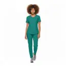 Wholesale women's teal v-neck scrub top and pants set with short sleeves