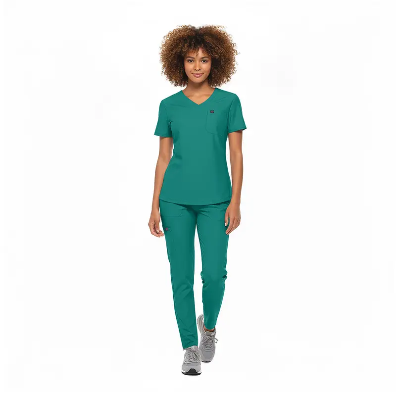 Wholesale women's teal v-neck scrub top and pants set with short sleeves