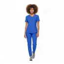 Wholesale women's blue v-neck scrub top and pants set with short sleeves