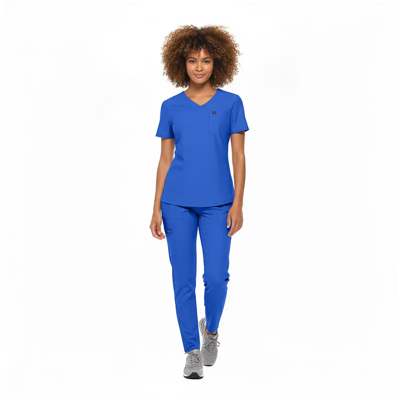 Wholesale women's blue v-neck scrub top and pants set with short sleeves