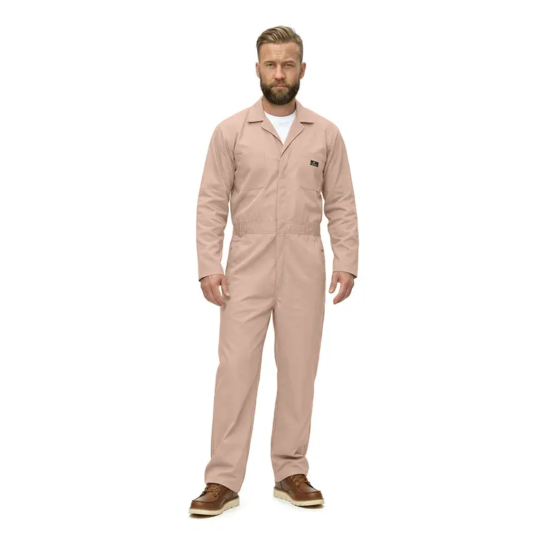 Wholesale men's khaki cotton coverall with long sleeves, chest pocket, and front zipper closure