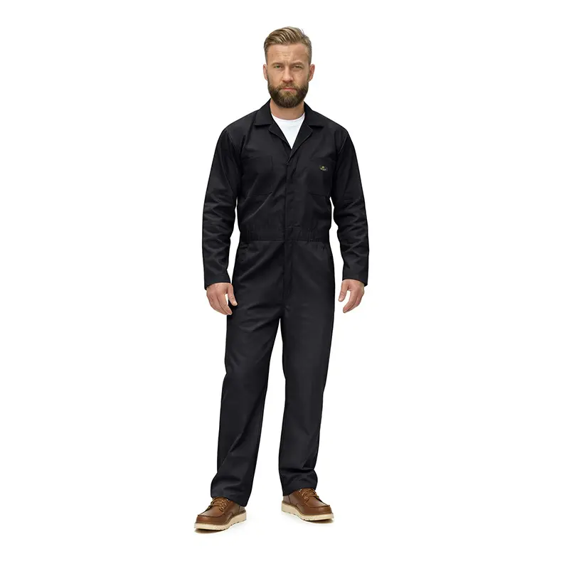 Wholesale men's black long-sleeve coverall with chest pocket and brown work boots