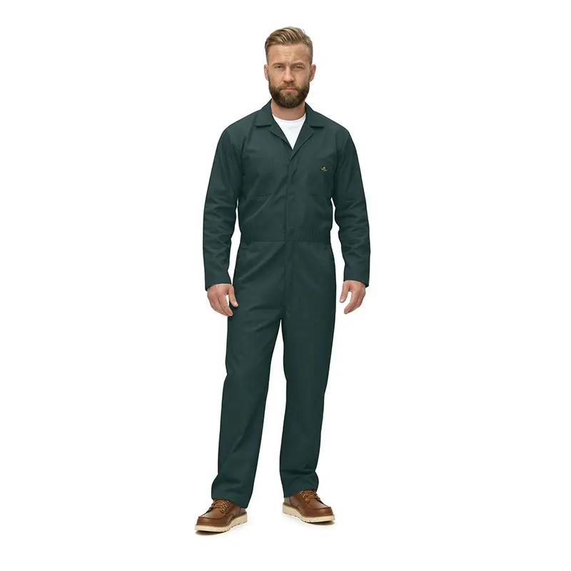 Wholesale men's dark green long-sleeve coverall with front zip closure and brown work boots