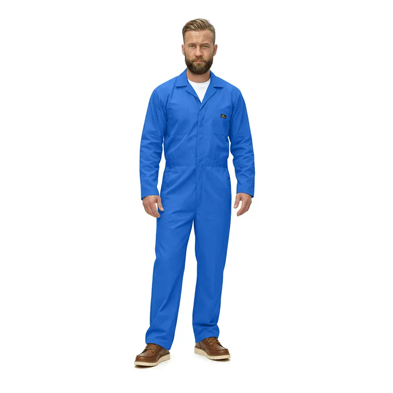 Wholesale men's royal blue cotton coverall with long sleeves and front zipper closure