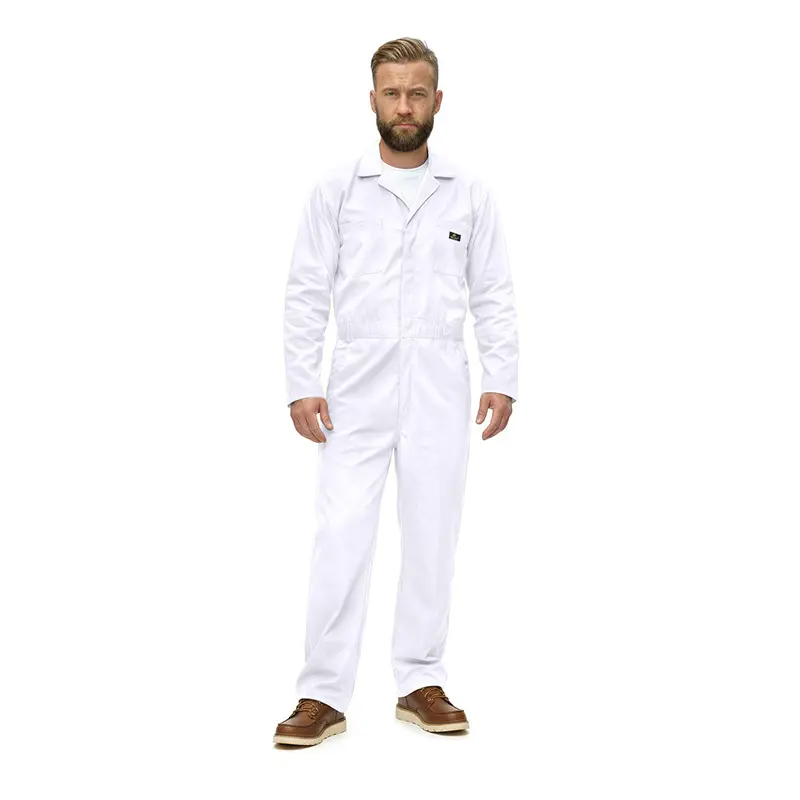 Wholesale men's white long-sleeve coverall with chest pocket and brown work boots