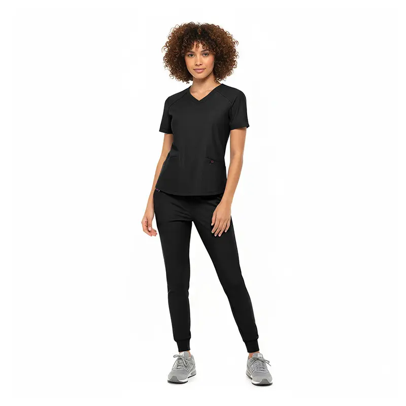 Wholesale women's black v-neck scrub top with short sleeves and matching black jogger pants