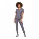 Wholesale women's purple v-neck scrub top and jogger pants set with short sleeves