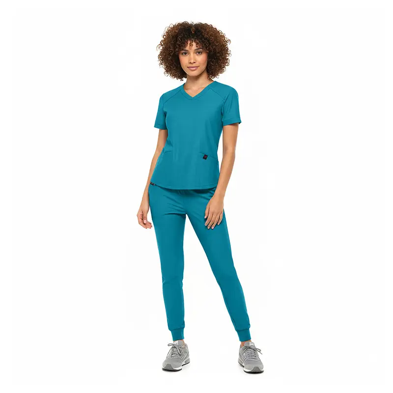 Wholesale women's teal v-neck scrub top and jogger pants set with short sleeves
