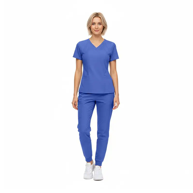 Wholesale women's blue v-neck scrub top and jogger pants set with short sleeves