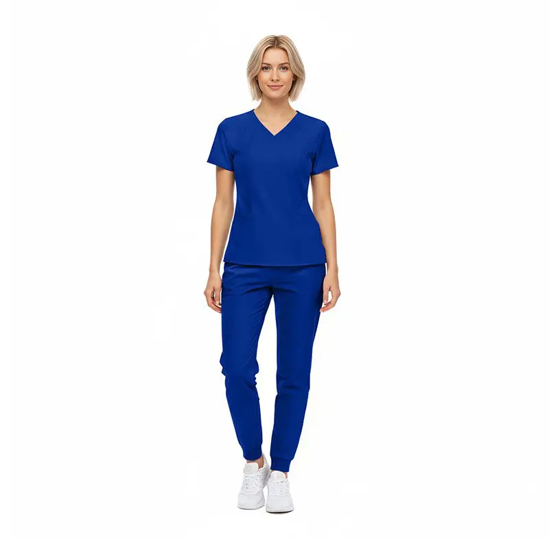 Wholesale women's blue v-neck short sleeve t-shirt and jogger pants set