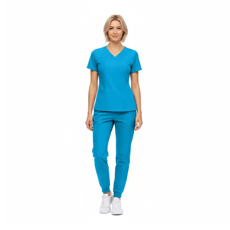 Wholesale women's blue v-neck scrub top and jogger pants set with white sneakers