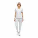 Wholesale women's white v-neck scrub top and light gray pants set with short sleeves