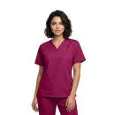 Wholesale women's burgundy scrubs top with v-neck, short sleeves, and front pockets