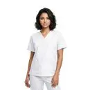 Wholesale women's white v-neck scrub top with short sleeves and front pockets