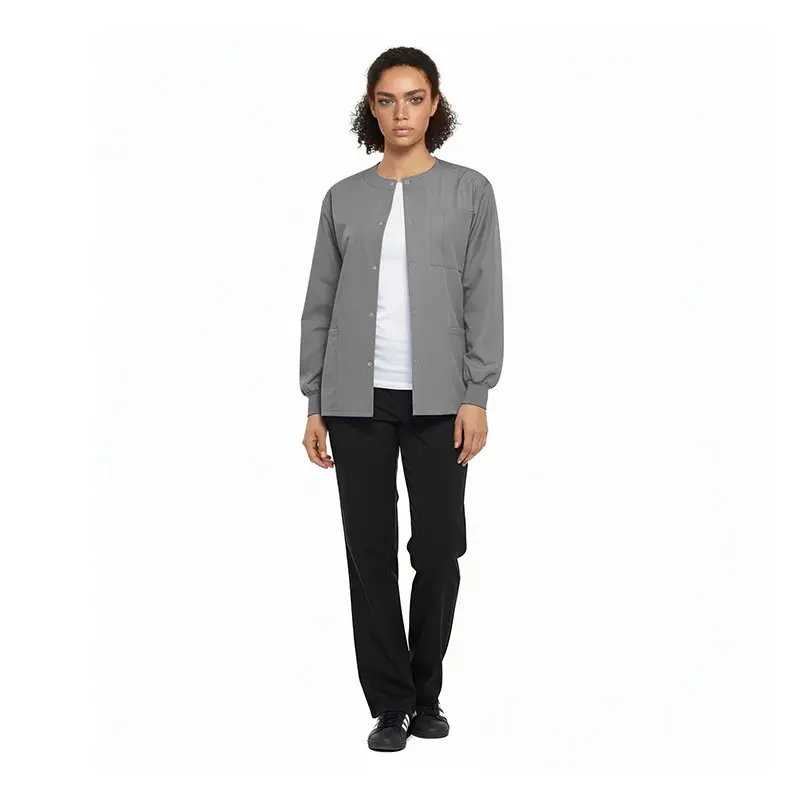 Wholesale women's gray button-front cardigan with white undershirt and black pants