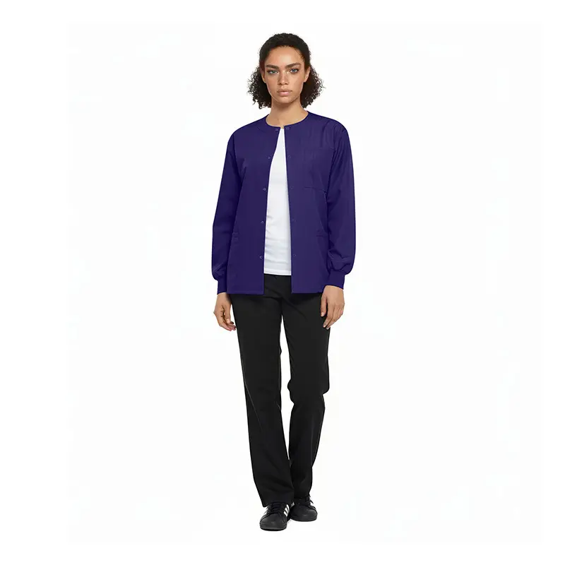 Wholesale women's purple button-front cardigan with white undershirt and black pants