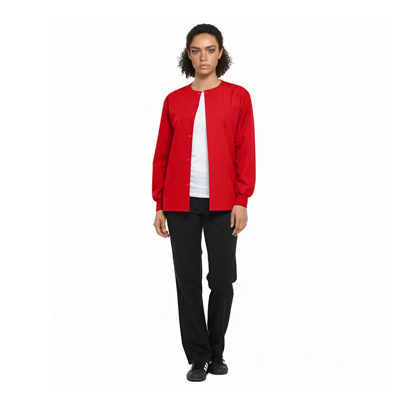 Wholesale red snap front cardigan with white undershirt and black pants