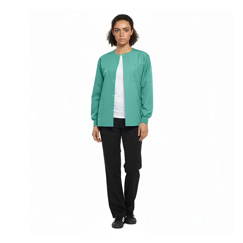 Wholesale women's teal button-up cardigan with white undershirt and black pants