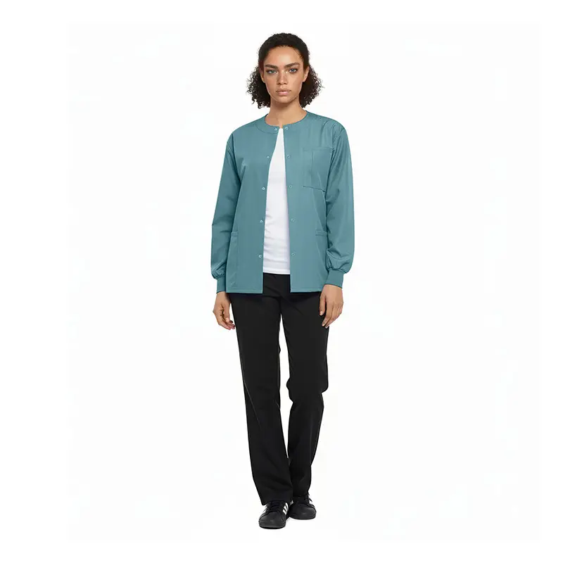 Wholesale women's teal button-front cardigan with white undershirt and black pants